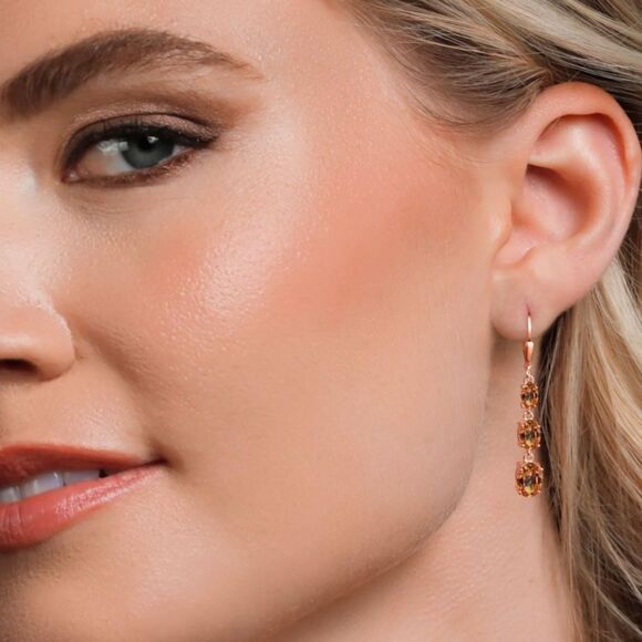 18K Rose Gold with 6.00Cttw 3 Stone Ecstasy Mystic Topaz Leverback Drop Earrings - Picture 3 of 5